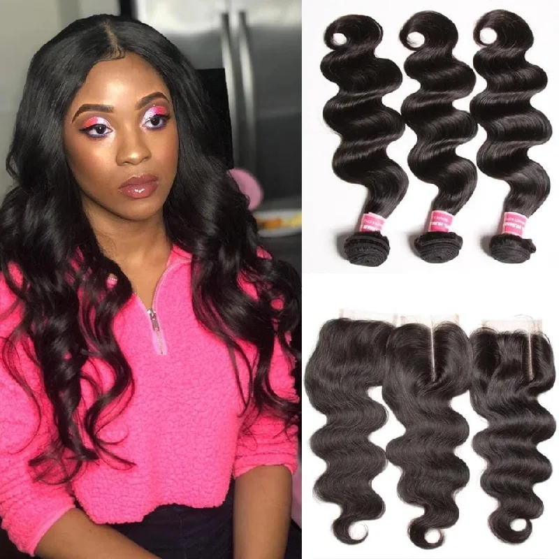 Human - hair wavy wig for a natural and luxurious feelKlaiyi Peruvian Body Wave Lace Closure With 3pcs Human Virgin Hair Weave