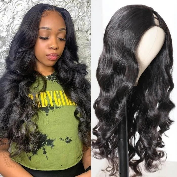 Wavy wig with a pre - styled curl pattern for convenienceKlaiyi U Part Wig Human Hair Afforable Glueless Body Wave Wigs 100% Human Hair Super Soft