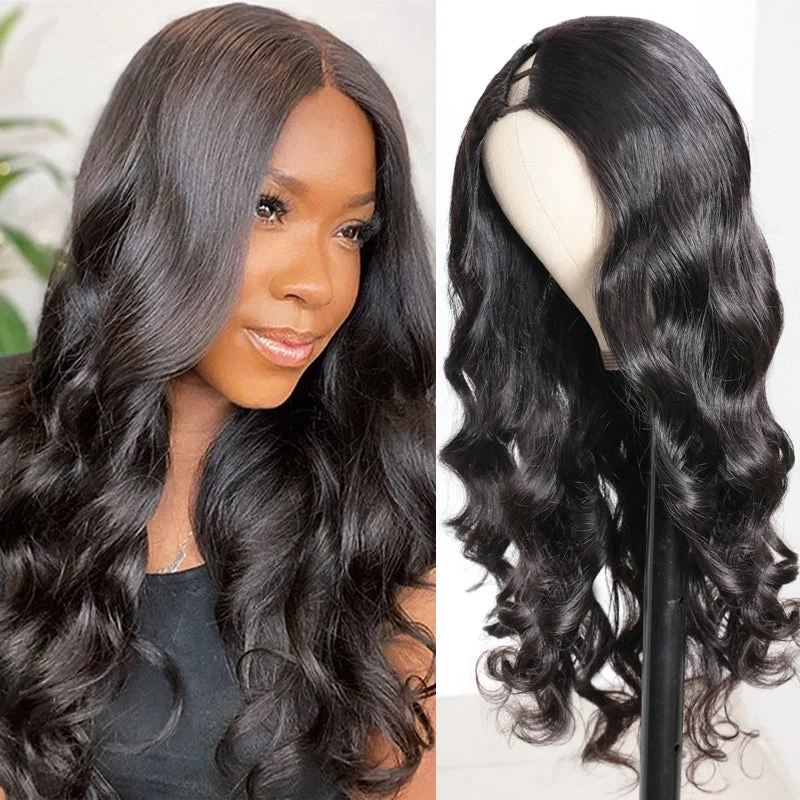 Wavy wig with a wavy bang for a trendy and modern styleKlaiyi V Part Wig Body Wave No Leave Out Natural Real Scalp Glueless Wigs Beginner Friendly