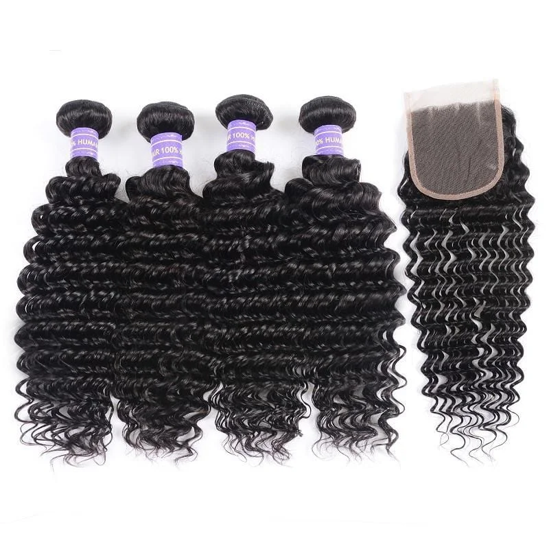 Heat - resistant wavy wig for easy styling at homeKlaiyi Remy Hair 4 Bundles Natural Black Brazilian Deep Wave Human Hair Bundles With Closure Youth Series