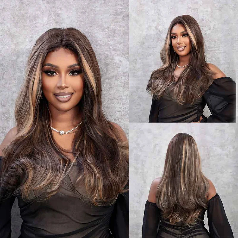 Wavy wig with a 180 - density for a full and thick appearanceLace Front Brown High Lights Wig