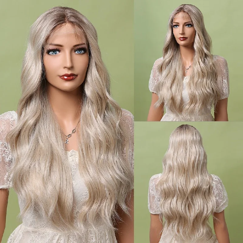 Wavy wig with a pre - styled curl pattern for convenienceLace Front Brown Root Blonde Wig