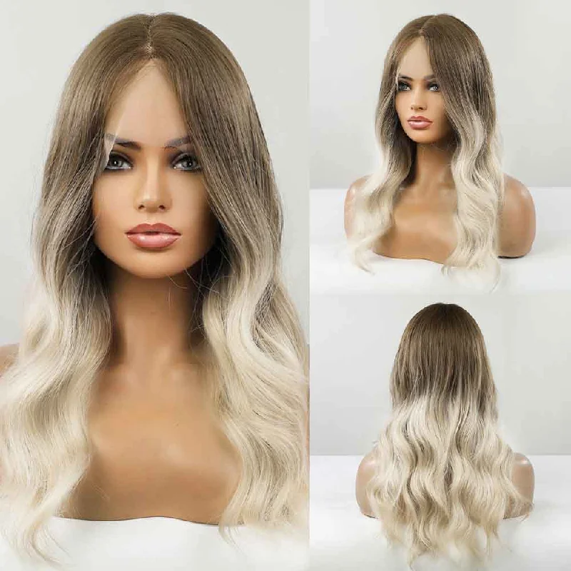 Wavy wig with a natural - looking root for a more realistic lookLace Front Long Brown White Blonde Wig