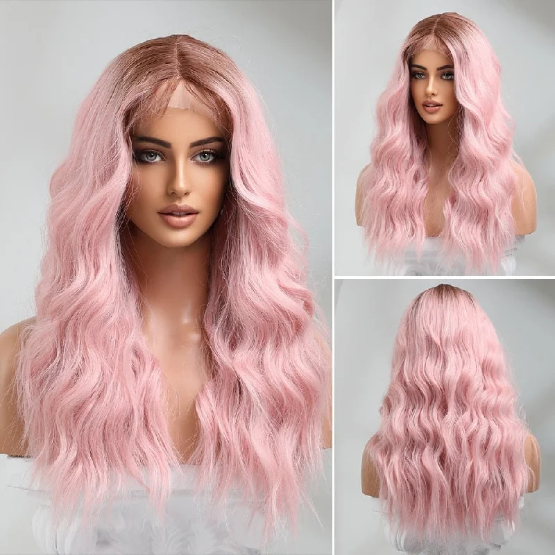 Human - hair wavy wig for a natural and luxurious feelLace Front Pale Pink Wig