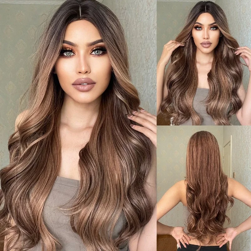 Wavy wig with a water - wave texture for a unique and stylish choiceLight Brown High Lights Long Wavy Synthetic Wig