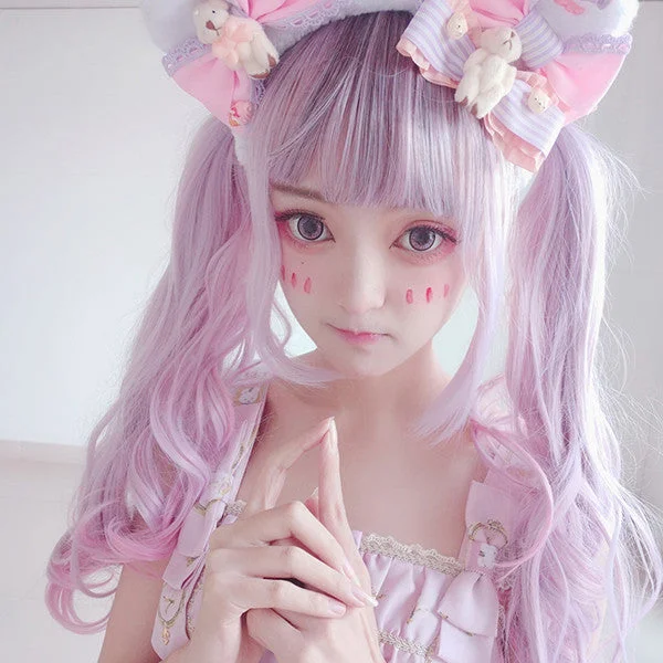 Curly wig with a wavy fringe for a soft and feminine lookLolita pink gradient wig yv42545