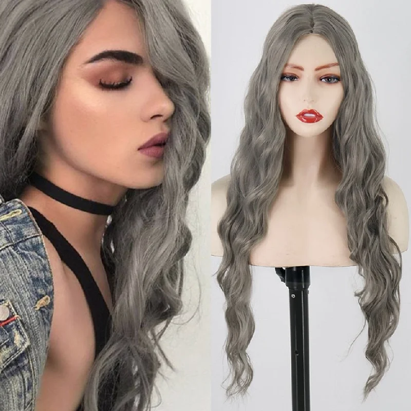 Wavy wig with a 180 - density for a full and thick appearanceLong Ash Gray Wavy Hairstyle Synthetic Wigs