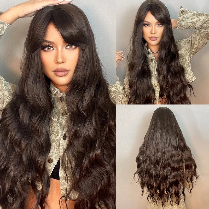 Wavy wig in a chocolate - brown color for a rich and warm appearanceLong Black Brown Wav Wigs with Bangs