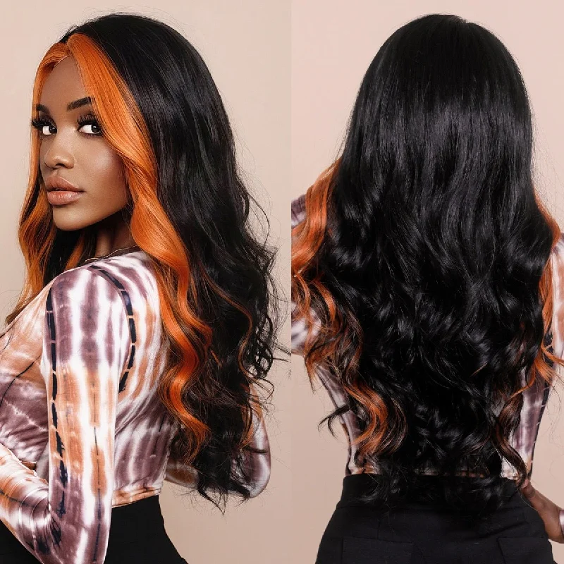 Ombre wavy wig with a seamless color blendLong Black Ginger Ombre Fluffy Wigs