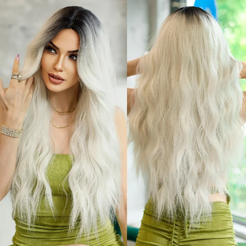 Wavy wig with a pre - bleached knot for a natural - looking scalpLong Black Root White Blonde Ombre Wig