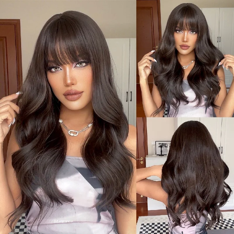 Wavy wig with a wavy bang for a trendy and modern styleLong Brown Wavy Synthetic Wigs with Bangs