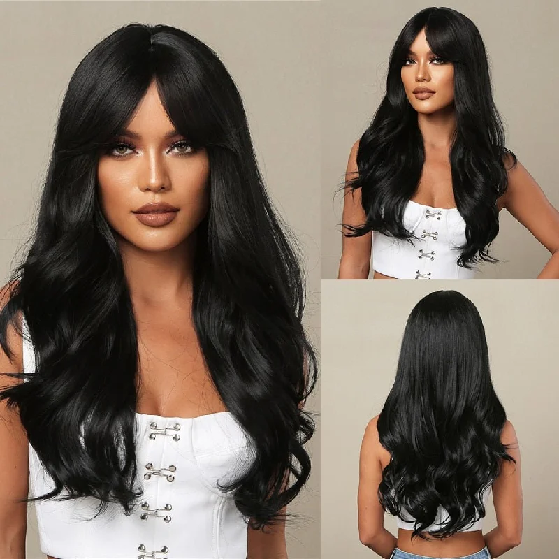 Wavy wig with a side - part for a more flattering lookLong Black Wavy Wigs with Bangs