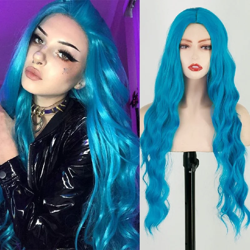 Wavy wig with a wispy fringe for a soft and feminine lookLong Blue Wavy Hairstyle Synthetic Wigs