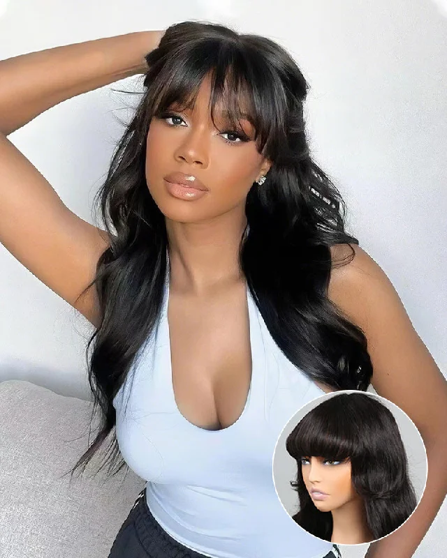 Wavy wig with a pre - bleached knot for a natural - looking scalpLong Body Wave With Bangs Glueless Wig Non-Lace Machine Made Natural Black Protective Style Human Hair Wigs