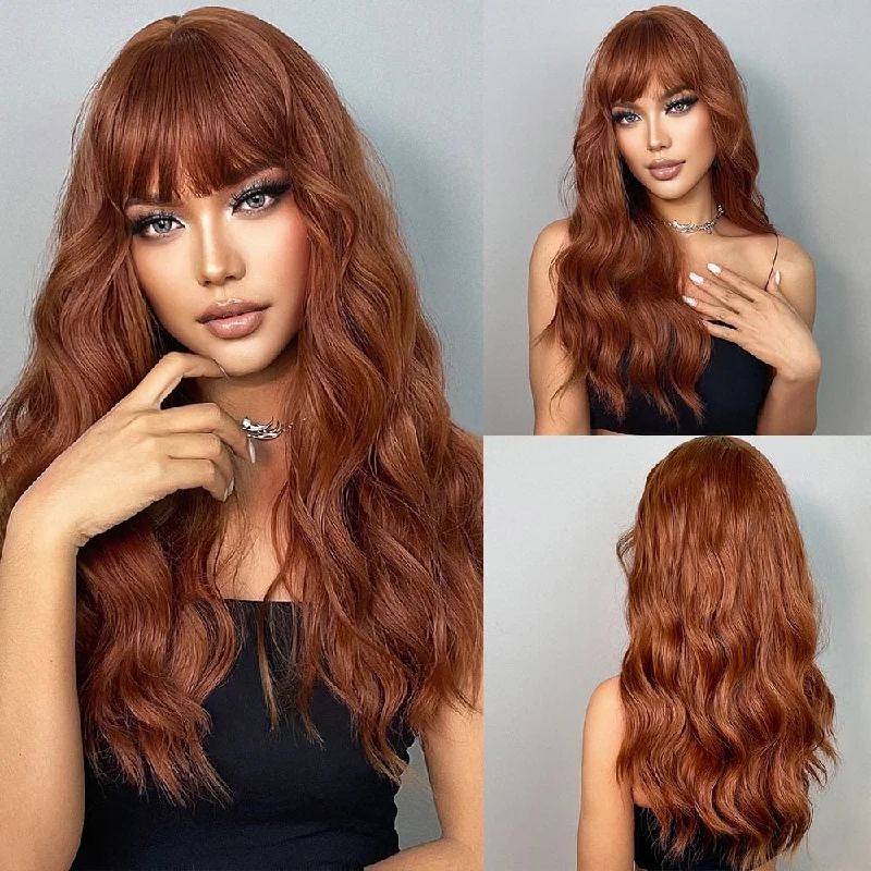 Ombre wavy wig with a seamless color blendLong Brown Blonde Wave Wigs with Bangs