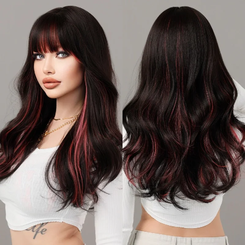 Wavy wig in a chocolate - brown color for a rich and warm appearanceLong Brown Highlight Dark Red Wigs