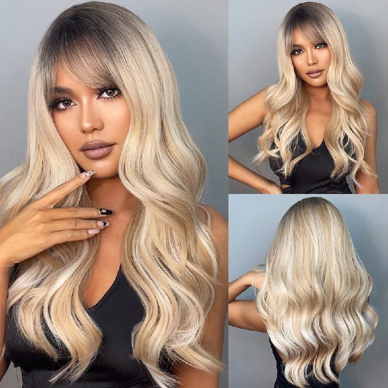 Wavy wig with a middle - part for a classic and elegant styleLong Brown Root High Light Blonde Wigs