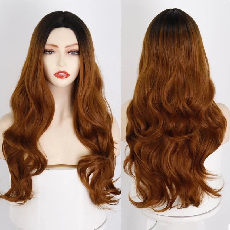 Wavy wig with a natural - looking root for a more realistic lookLong Brown Wavy Hairstyle Synthetic Wigs