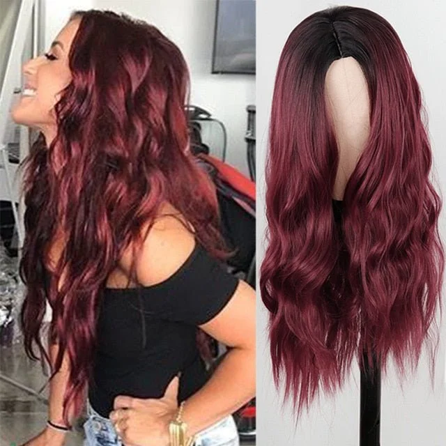 Wavy wig with a silk - base cap for a comfortable and smooth feelLong Dark Red Wavy Hairstyle Synthetic Wigs