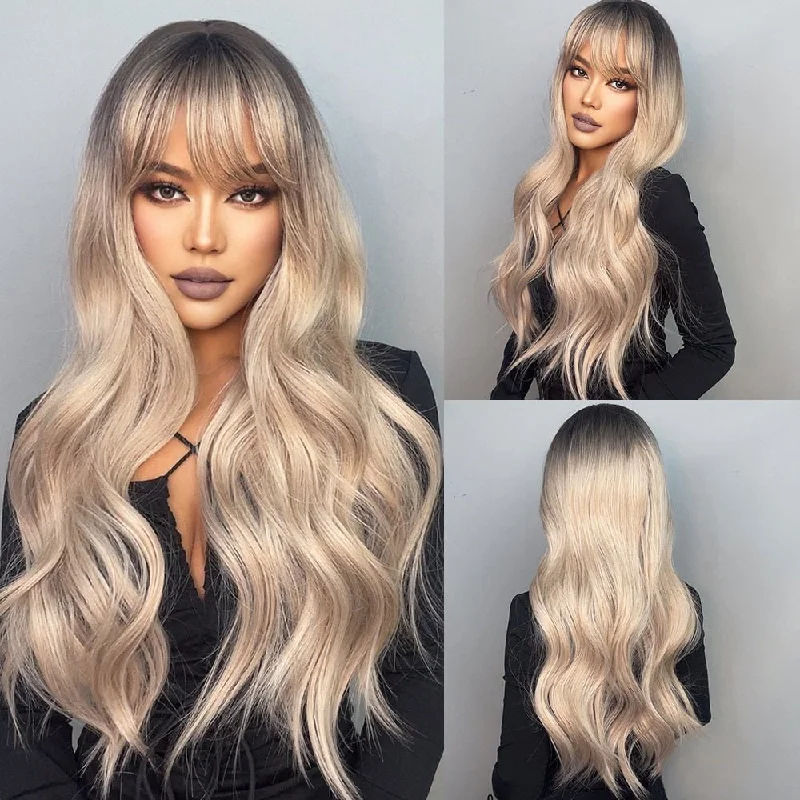 Wavy wig with a natural - looking root for a more realistic lookLong Fluffy Blonde Wigs with Bangs