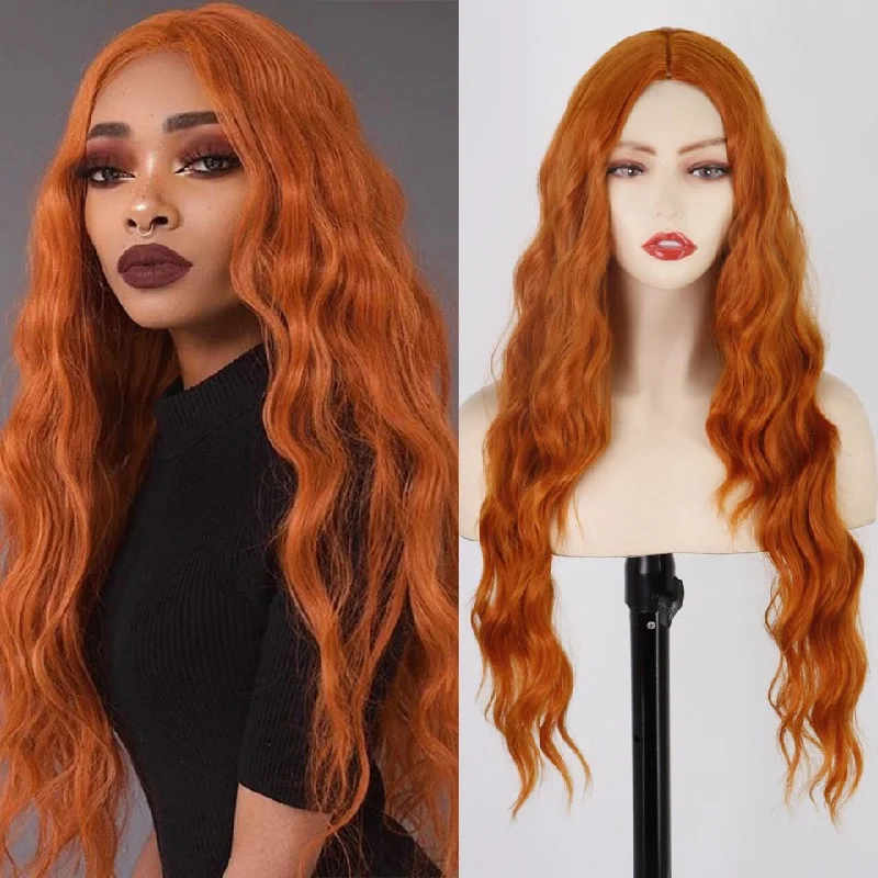 Long - length wavy wig with loose waves for a glamorous lookLong Ginger Wavy Hairstyle Synthetic Wigs