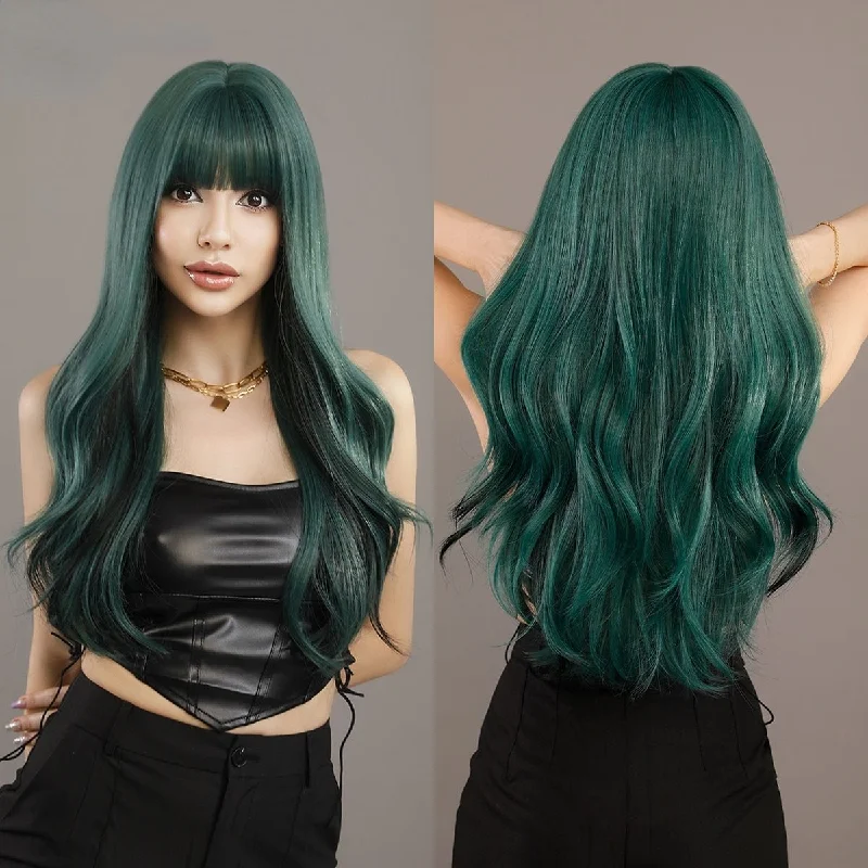 Wavy wig with a 180 - density for a full and thick appearanceLong Green High Light Brown Wig With Bags