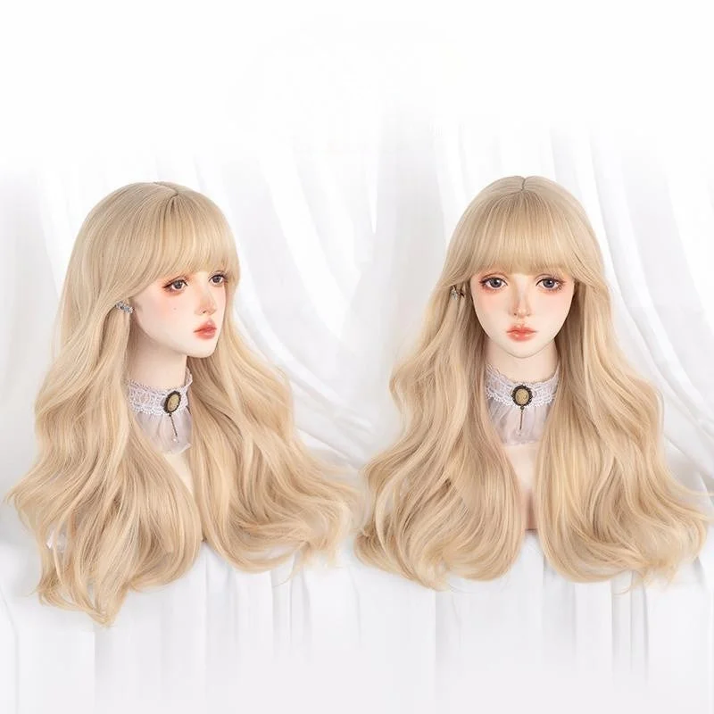 Curly wig with a wavy fringe for a soft and feminine lookLong Hair Big Wave Long Curly Blonde Wig YV476033