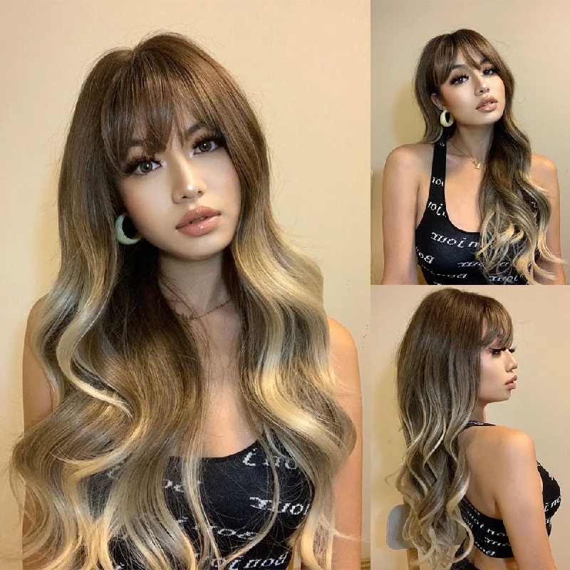 Long - length wavy wig with loose waves for a glamorous lookLong Light Brown Wavy Wigs with Bangs