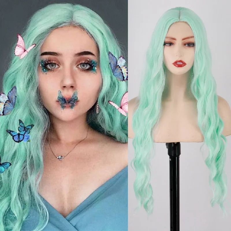 Virgin - human - hair wavy wig for the highest qualityLong Mint Green Wavy Hairstyle Synthetic Wigs