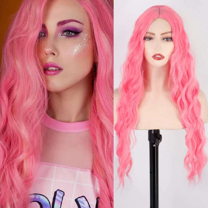 Wavy wig with a natural - looking root for a more realistic lookLong Pink Wavy Hairstyle Synthetic Wigs