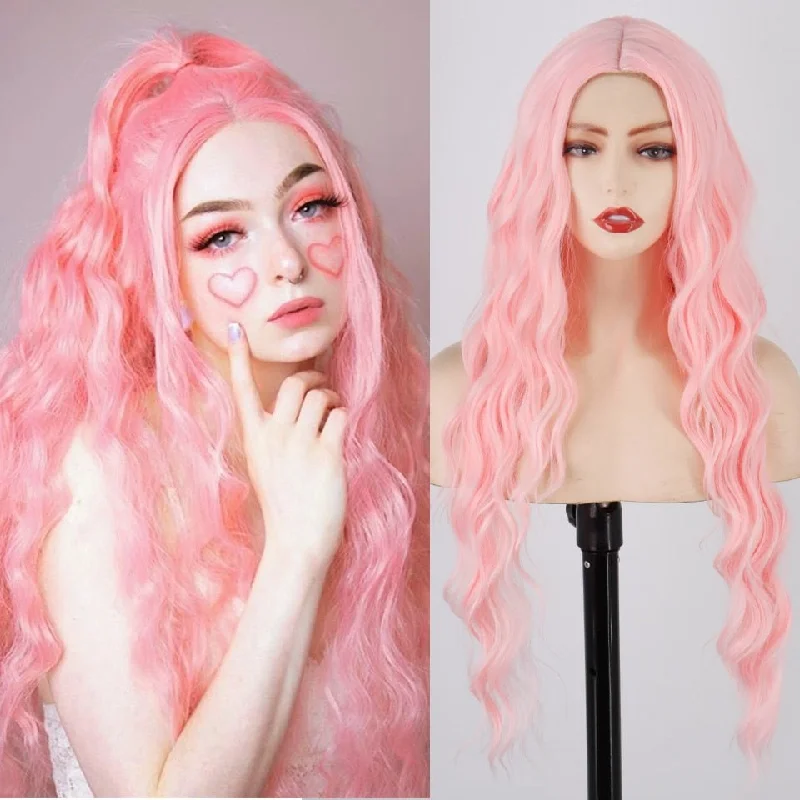 Wavy wig with a water - wave texture for a unique and stylish choiceLong Light Pink Wavy Hairstyle Synthetic Wigs