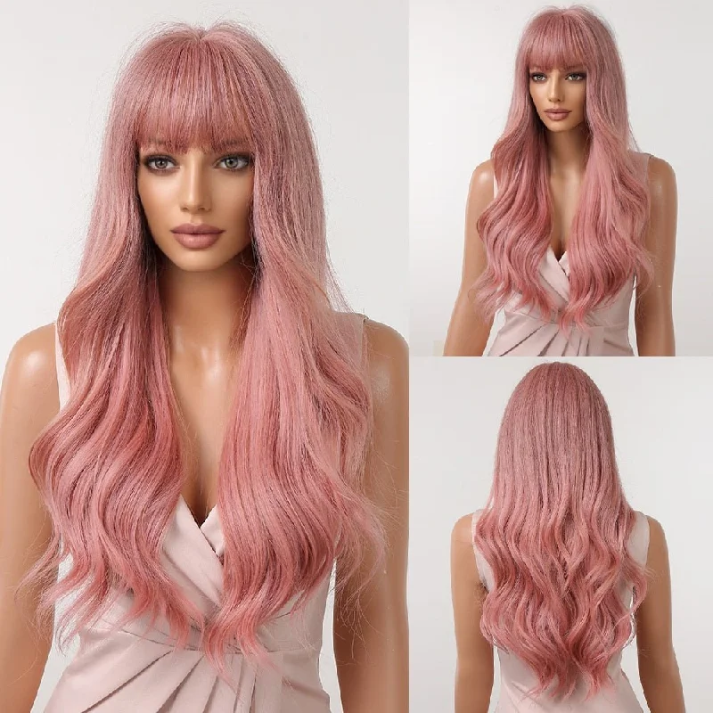 Wavy wig with a pre - bleached knot for a natural - looking scalpLong Pink Wavy Wigs with Bangs