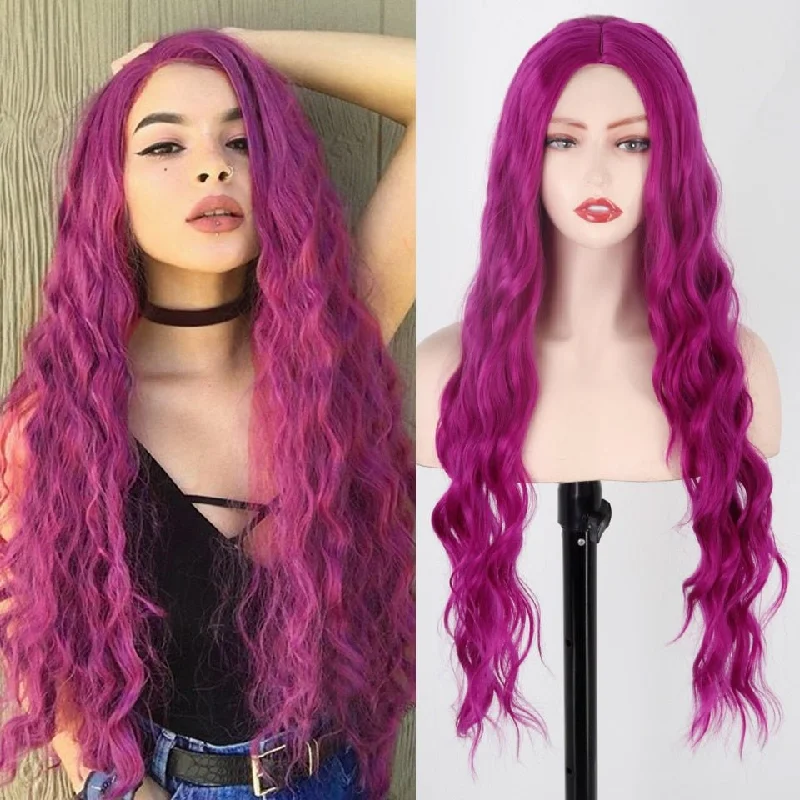 Wavy wig with a pre - styled curl pattern for convenienceLong Purple Wavy Hairstyle Synthetic Wigs