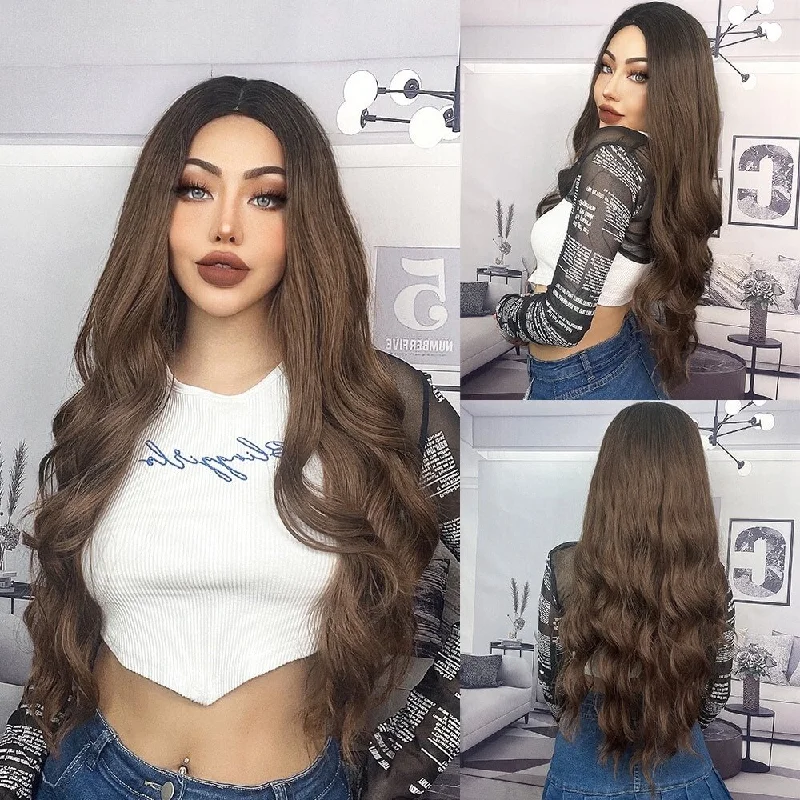 Wavy wig with a middle - part for a classic and elegant styleLong Soft Brown Wavy Synthetic Wigs