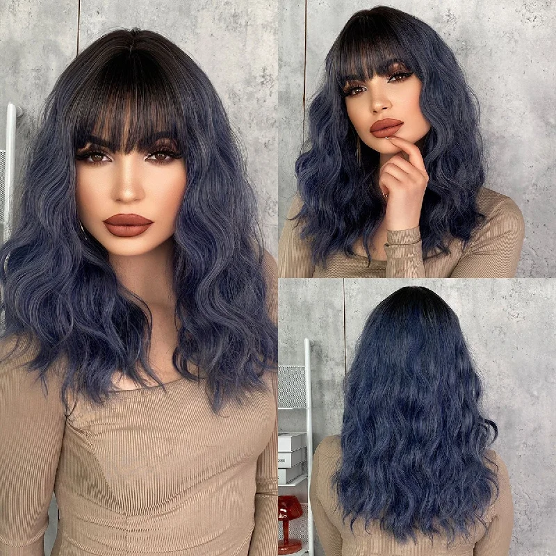 Wavy wig with a natural - looking root for a more realistic lookLong Wavy Ash Brown with Bangs Wigs