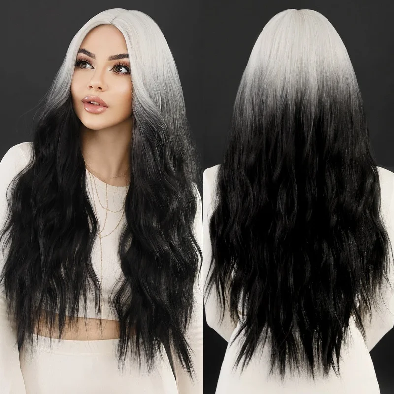 Long - length wavy wig with loose waves for a glamorous lookLong Wavy Black White Ombre  Synthetic Wig