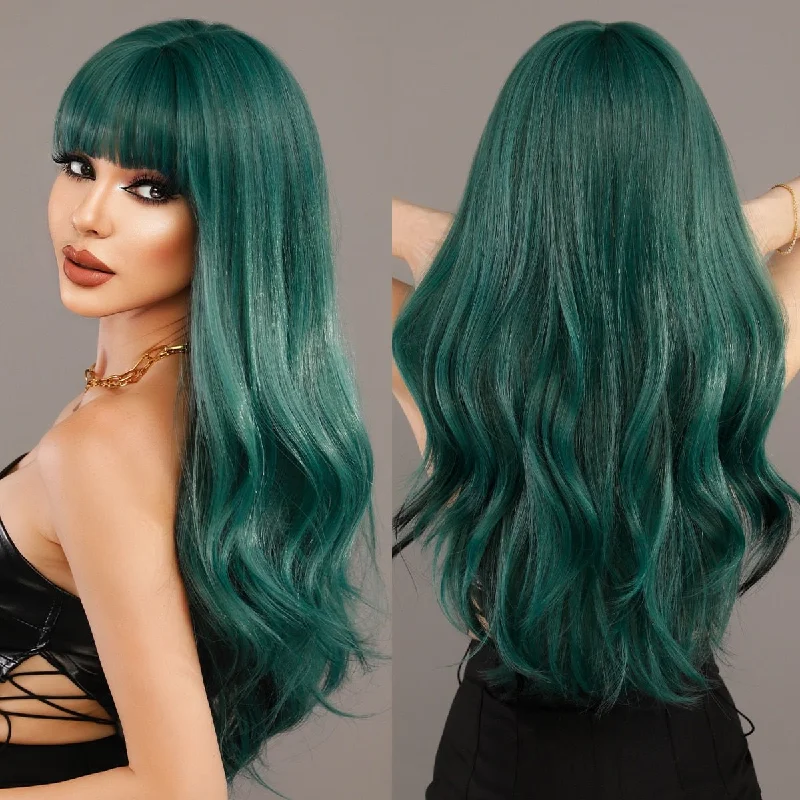 Wavy wig with auburn undertones for a unique and eye - catching colorLong Wavy Blackish Green Wig