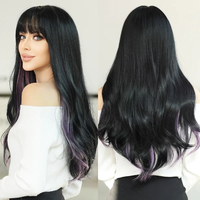 Wavy wig with a middle - part for a classic and elegant styleLong Wavy Blackish High Lights Wig