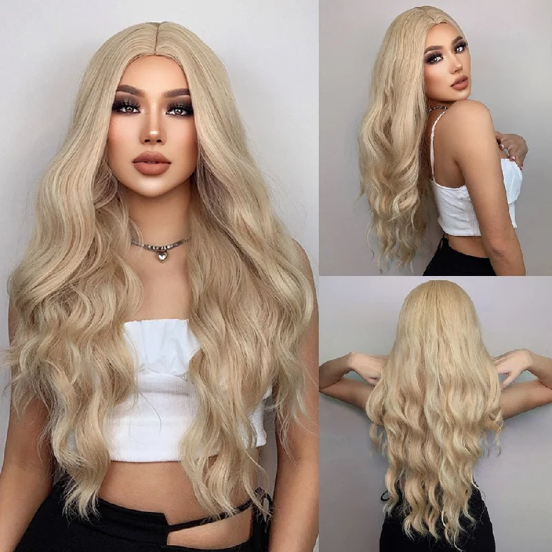 Wavy wig with a pre - bleached knot for a natural - looking scalpLong Wavy Blonde Synthetic Wigs