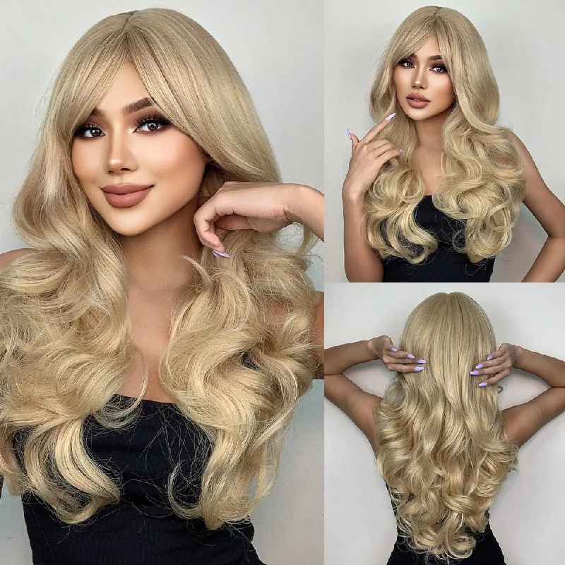 Lace - front wavy wig for a realistic hairlineLong Wavy Blonde Wigs with Bangs