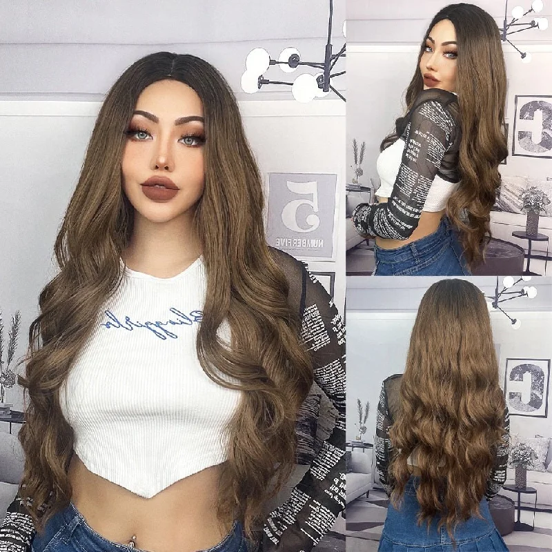 Wavy wig with a wavy bang for a trendy and modern styleLong Wavy Brown Synthetic Wigs