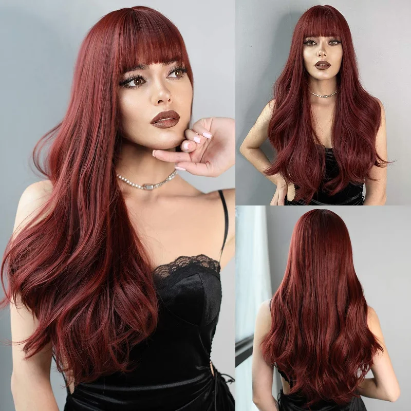 Body - wave wig with a full and voluminous lookLong Wavy Dark Red  Synthetic Wig