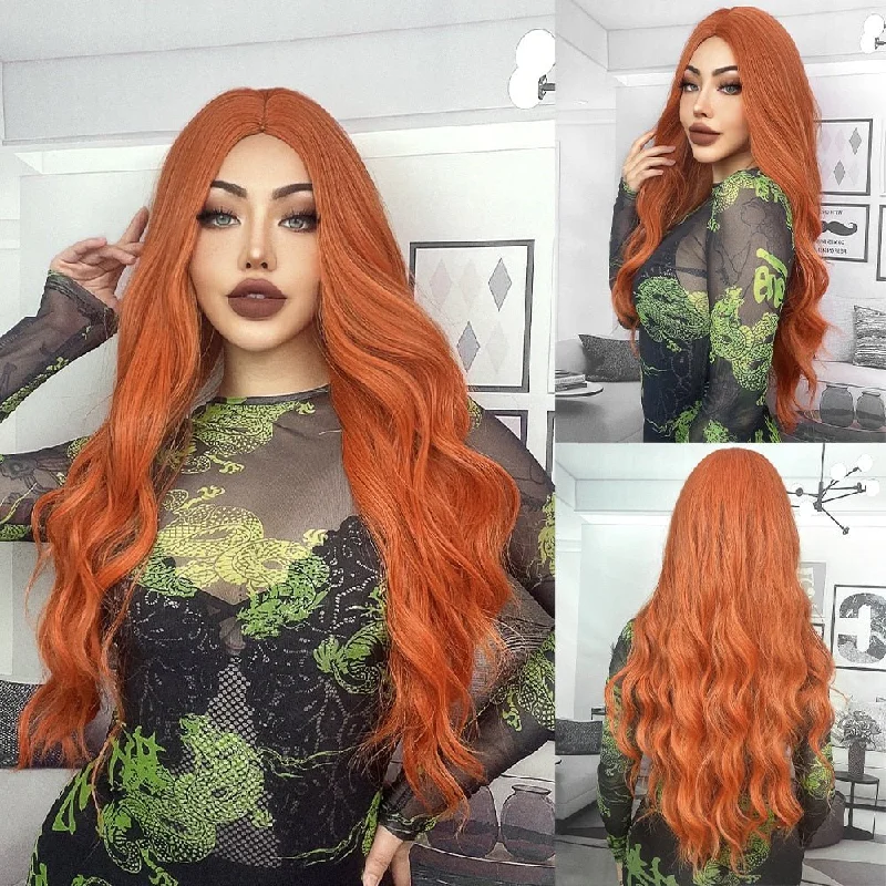 Wavy wig with a 180 - density for a full and thick appearanceLong Wavy Ginger Synthetic Wigs