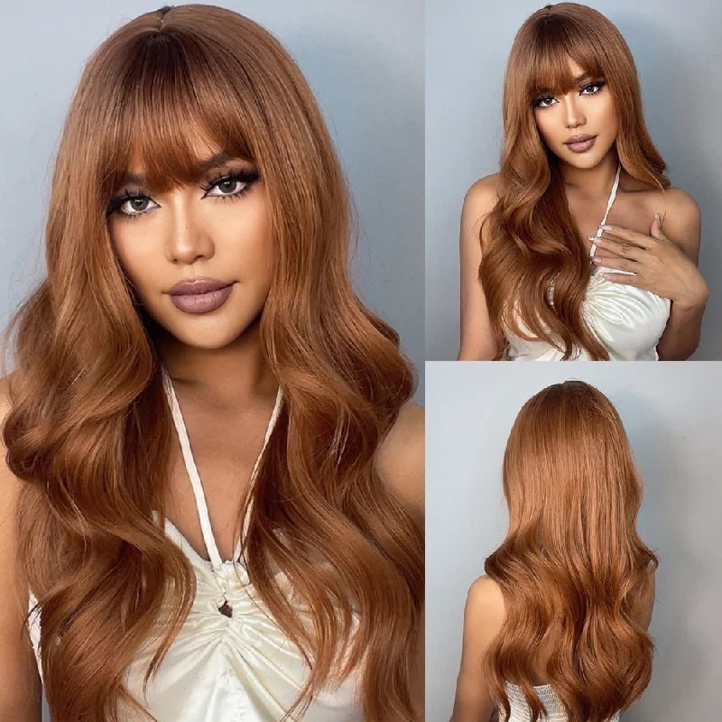 Synthetic wavy wig with a heat - friendly formulaLong Wavy Golden Brown Wigs with Bangs