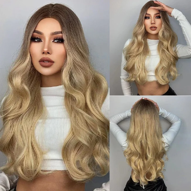 Synthetic wavy wig with a heat - friendly formulaLong Wavy Light Brown Blonde Synthetic Wigs