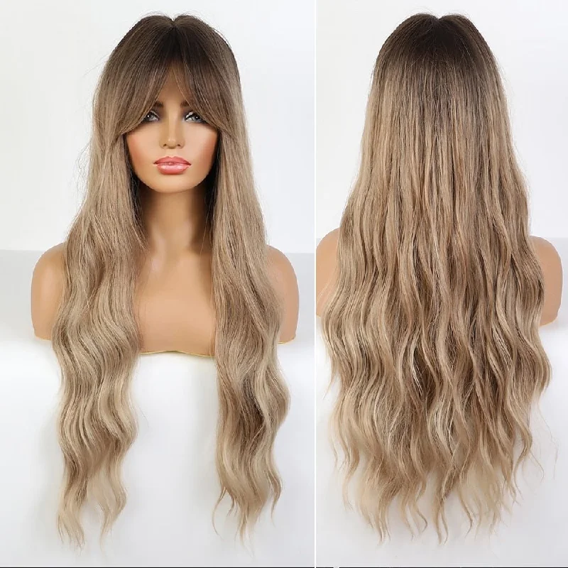 Wavy wig with a water - wave texture for a unique and stylish choiceLong Wavy Light Brown High Lights Wig