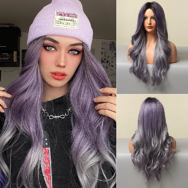 Virgin - human - hair curly wig for the highest qualityLong Wavy Smokey Purple Synthetic Wig - Purple Version Lola