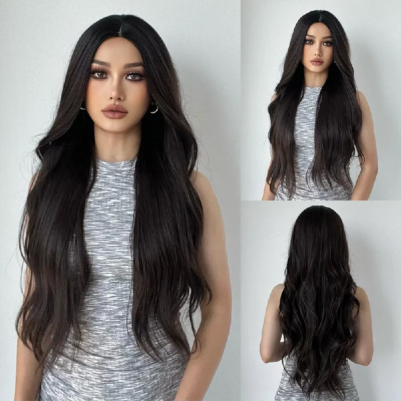 Virgin - human - hair wavy wig for the highest qualityLong Wavy Natural Black Synthetic Wig