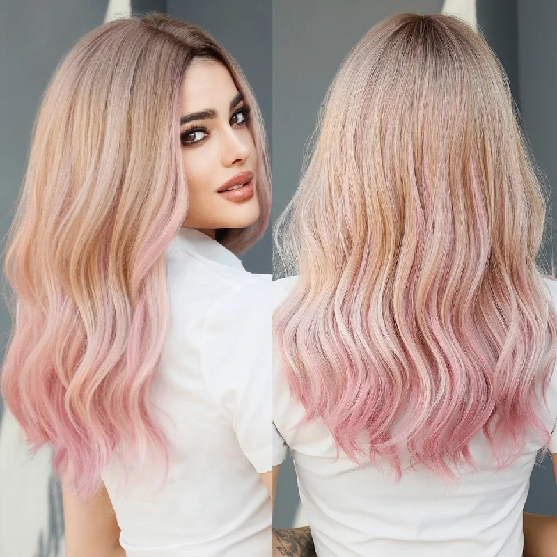 Human - hair wavy wig for a natural and luxurious feelLong Wavy Ombre Blonde Pink Wig