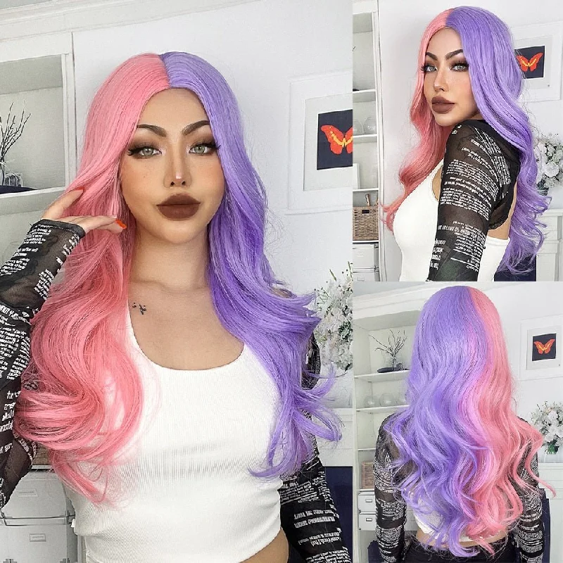 Wavy wig with a wispy fringe for a soft and feminine lookLong Wavy Ombre Purple Pink Synthetic Wigs